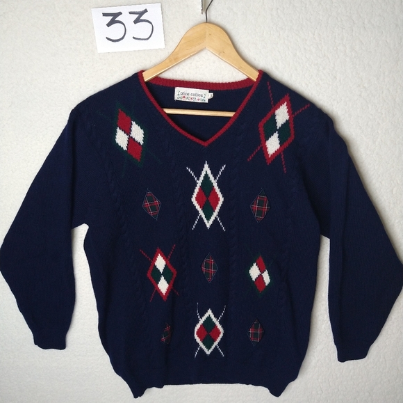 Alice Collins Navy Sweater with Argyle Design 100% Wool Women's Size Small - Picture 1 of 7